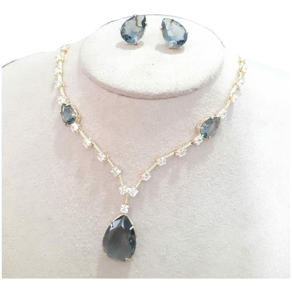 Conjunto Colar E Brinco Gota Preto Fumê Pedra Zirconia Festa