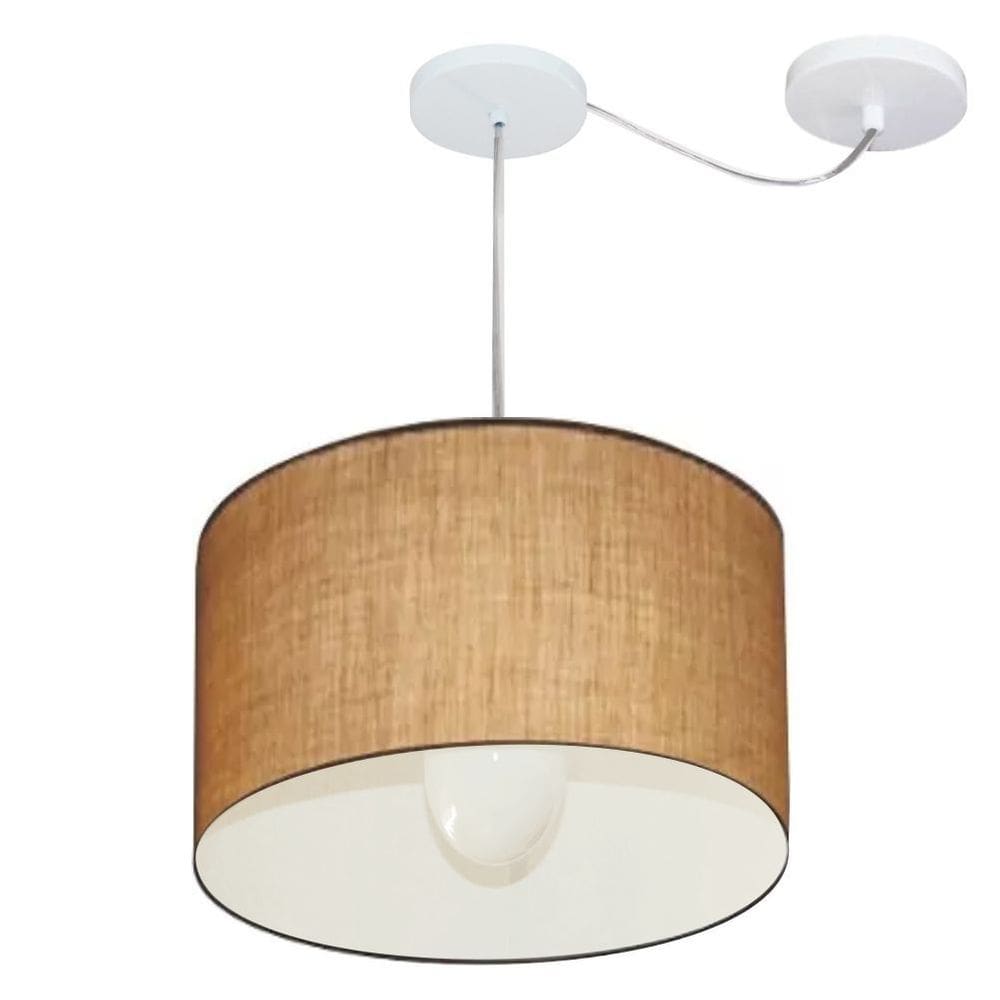 Lustre Pendente Cilíndrico Com Desvio Md-4226 Cúpula em Tecido 40x25cm Palha - Bivolt