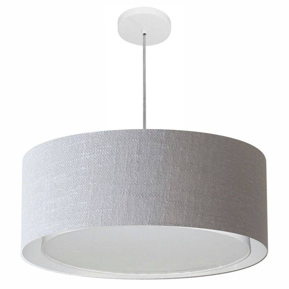 Lustre Pendente Cilíndrico Duplo Md-4297 Cúpula em Tecido 60x25cm Rustico Cinza - Bivolt