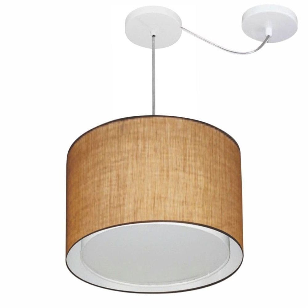 Lustre Pendente Cilíndrico Com Desvio Md-4306 Cúpula em Tecido 40x30cm Palha - Bivolt