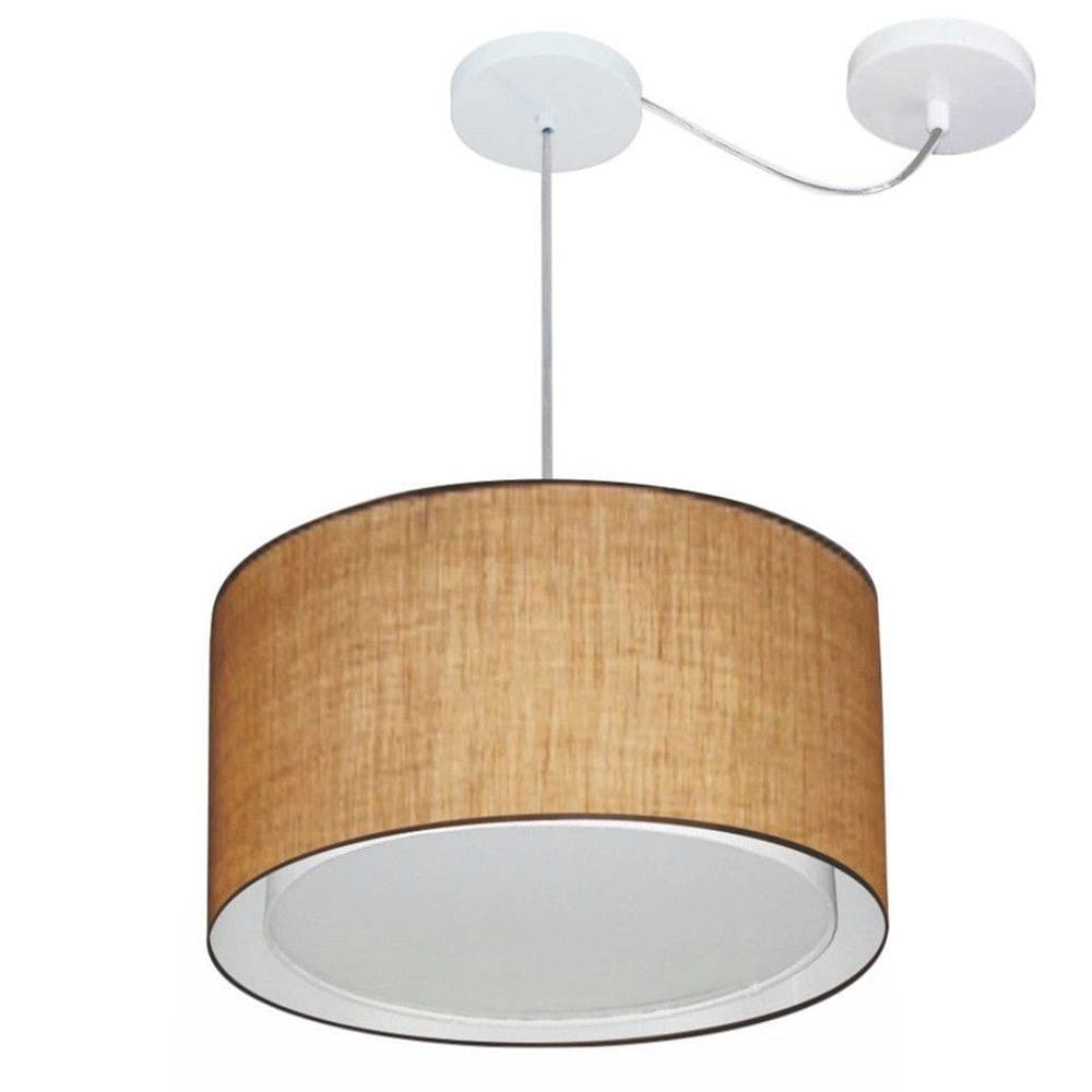 Lustre Pendente Cilíndrico Com Desvio Md-4305 Cúpula em Tecido 40x25cm Palha - Bivolt