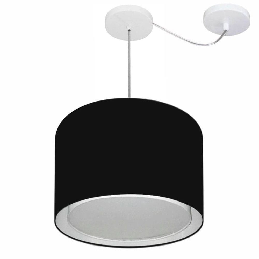 Lustre Pendente Cilíndrico Com Desvio Md-4306 Cúpula em Tecido 40x30cm Preto - Bivolt
