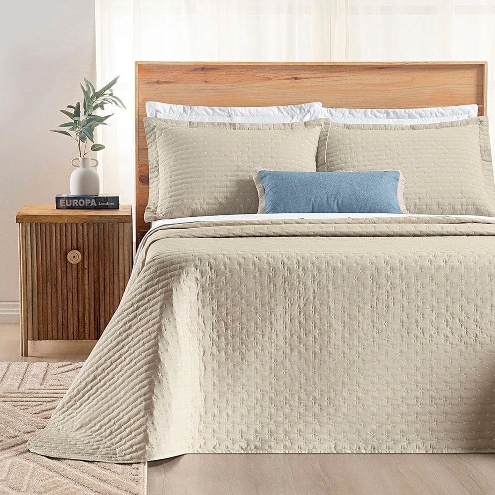 Kit Cobre Leito Colcha Marley Casal Dupla Face - Cáqui