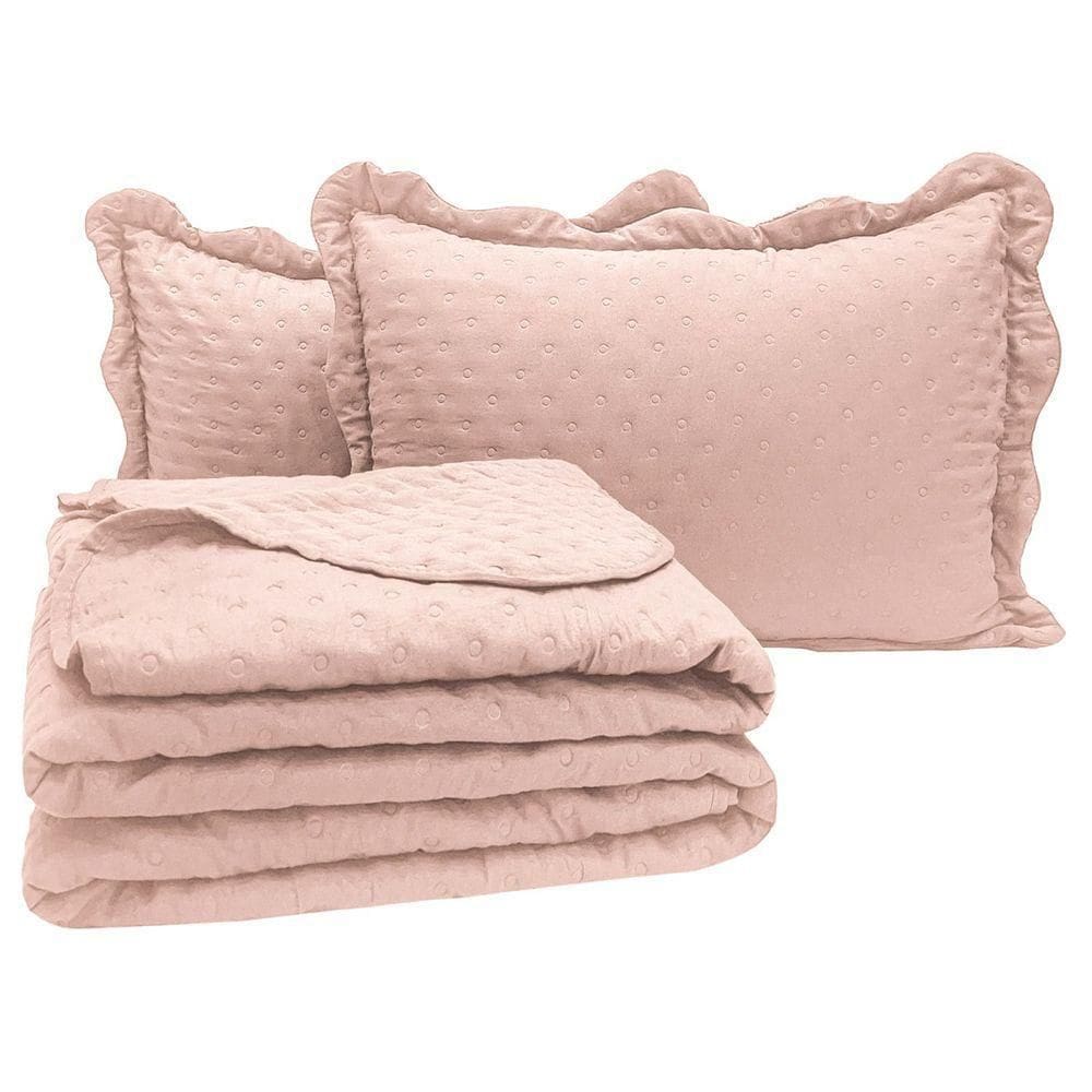 Kit Cobre Leito Colcha Diplomata Casal Dupla Face 3 Peças - Rosê