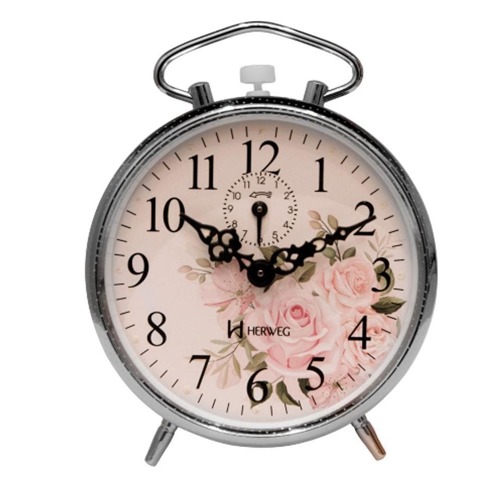 Despertador Mecânico Floral Vintage Cromado Picoteado Herweg 228207 Único
