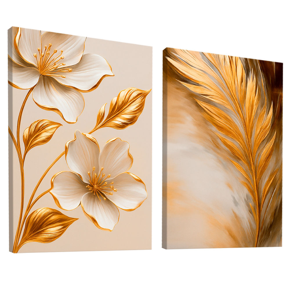 Quadro Decorativo Flor e Folha Dourada Duo