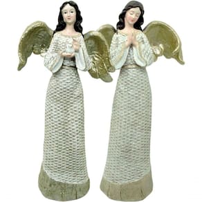 Dupla Anjos Decoração Em Resina Glitter Branco Natal De 38cm