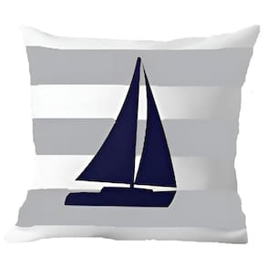 Capa Almofada Azul Barco à Vela Marítima Decorativo 50x50cm