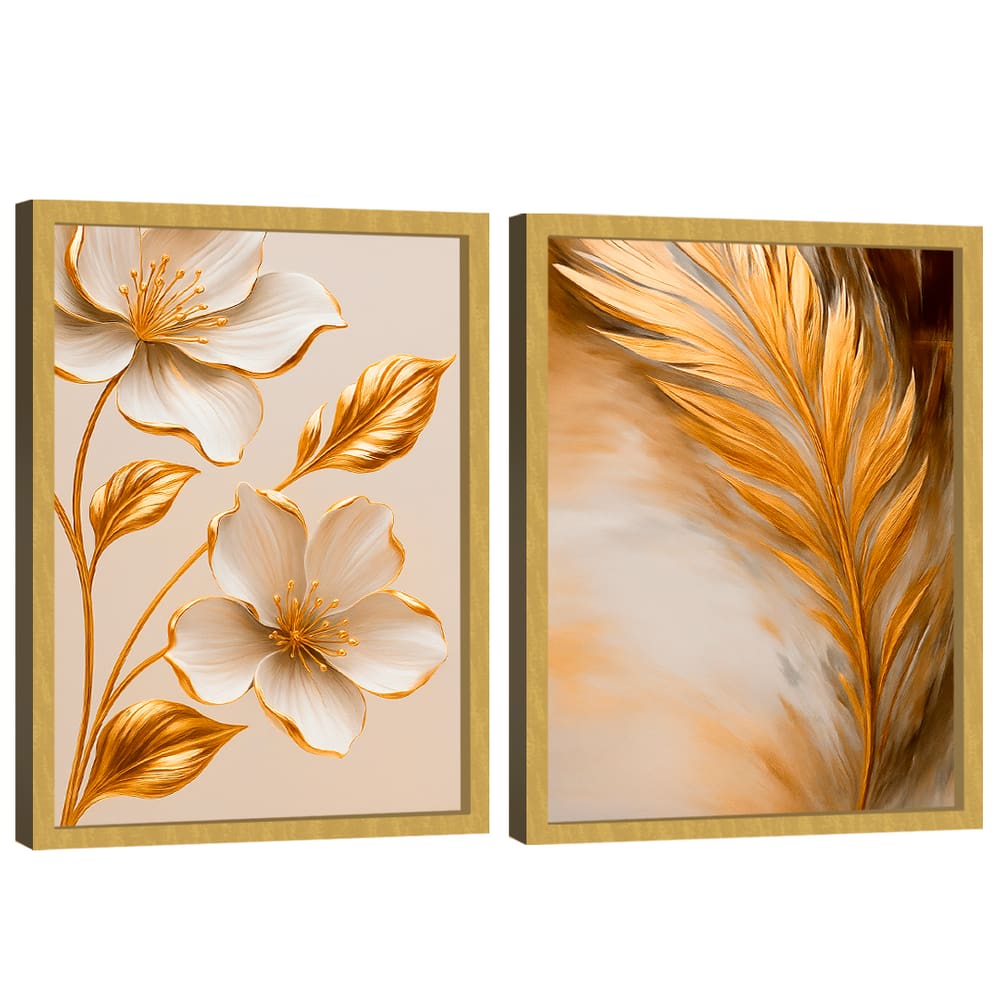 Quadro Decorativo Flor e Folha Dourada Duo