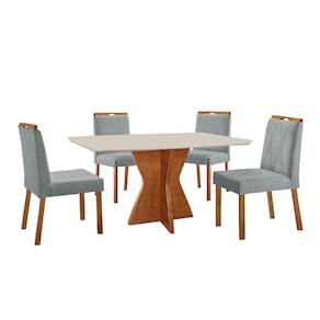 Conjunto Sala De Jantar Mesa Madri 140x80cm Tampo Retângular Vidro Off White Com 4 Cadeiras Bela Linho Cinza