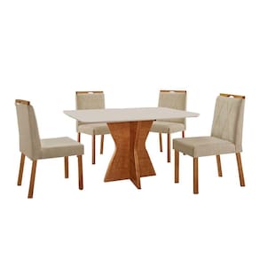 Conjunto Sala De Jantar Mesa Madri 120x80cm Tampo Retângular Vidro Off White Com 4 Cadeiras Bela Linho Bege