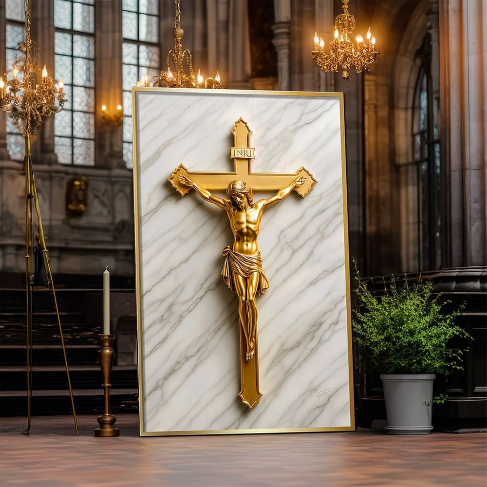 Quadro Decorativo Jesus na Cruz Dourado