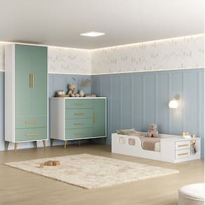 Quarto Infantil com Guarda-Roupa 2 Portas 2 Gavetas com Cômoda e Cama Magia Espresso Móveis Branco/Verde
