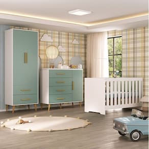 Quarto Infantil com Guarda-Roupa 2 Portas 2 Gavetas com Cômoda e Berço Magia Espresso Móveis Branco/Verde