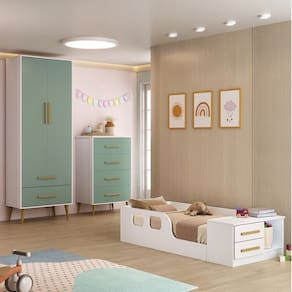 Quarto Infantil Completo Guarda-Roupa 2 Portas 2 Gavetas com Cômoda e Cama Magia Espresso Móveis Branco/Verde