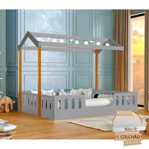 Cama Infantil Montessoriana ágatha Casal Com Led E Colchão Cinza-amêndoa