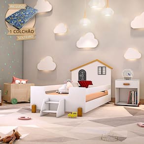 Cama Montessoriana Infantil Solteiro Belissima Preta - Branca E Mel + Colchão - Branco