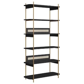 Estante Oslo Artesano 90 Cm Largura Mdp Nero Palha Sintética Bege Pé Metal Dourado