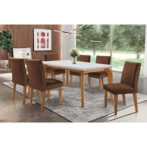 Sala De Jantar Completa Londrina Com tampo Madeirado Canto Reto 180x90cm E 6 Cadeiras Jade Imbuia - Veludo Marrom - Rufato