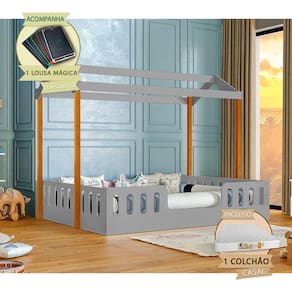 Cama Casal Com Colchão Casinha Montessoriana ágatha Cinza-amêndoa Incluso Lousa Mágica - Cinza