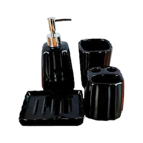 Kit 4pçs Banheiro Lavabo Modelagem 3d Preto Cerâmica Luxo