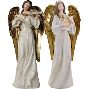 Dupla Anjos Músico Harpista Violinista Em Resina Natal 38cm