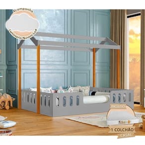 Cama Casal Casinha Montessoriana ágatha Com Colchão Cinza-mel Incluso Luminária