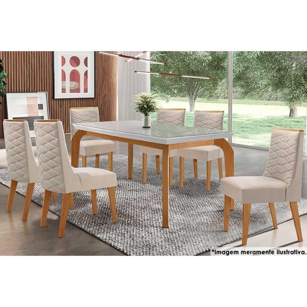 Sala De Jantar Completa Londrina Com Tampo Madeirado Com Vidro 180x90cm E 6 Cadeiras Dafne Capuccino-suede Creme - Rufato