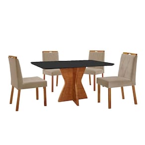 Conjunto Sala De Jantar Mesa Madri 140x80cm Tampo Retângular Vidro Preto Com 4 Cadeiras Bela Veludo Bege