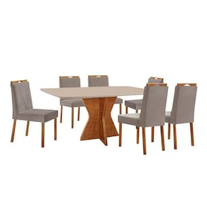 Conjunto Sala De Jantar Mesa Madri 160x90cm Tampo Retângular Vidro Off White Com 6 Cadeiras Bela Veludo Cinza