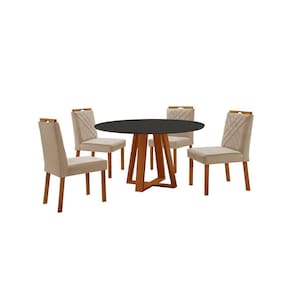Conjunto Sala De Jantar Mesa Floripa 110cm Tampo Redondo Vidro-mdf Preto Com 4 Cadeiras Dallas Veludo Bege