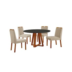 Conjunto Sala De Jantar Mesa Floripa 110cm Tampo Redondo Vidro-mdf Preto Com 4 Cadeiras Dallas Linho Bege