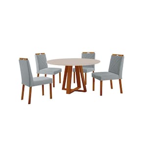 Conjunto Sala De Jantar Mesa Floripa 110cm Tampo Redondo Vidro-mdf Off White Com 4 Cadeiras Dallas Linho Cinza