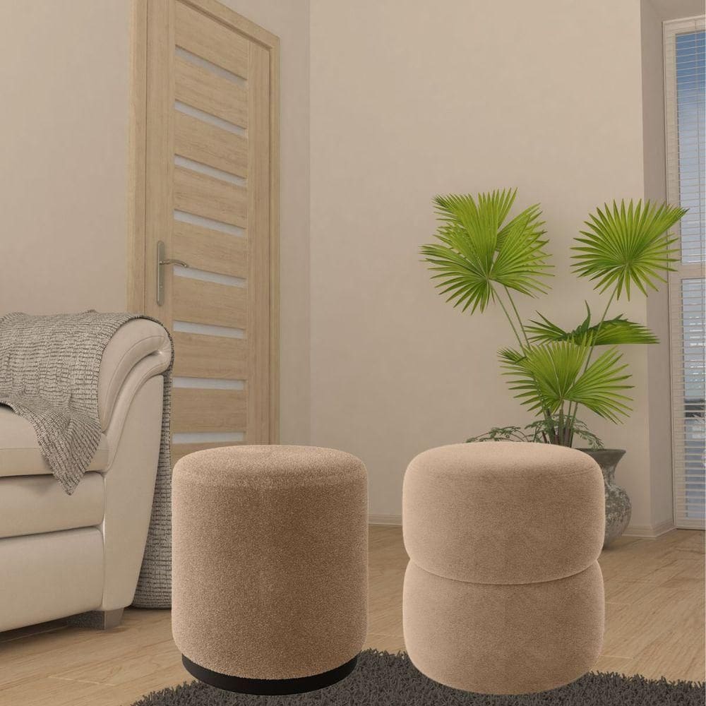 Kit 2 Puff Decorativo Estofado Para Sala De Estar Zara Bouclé Bege