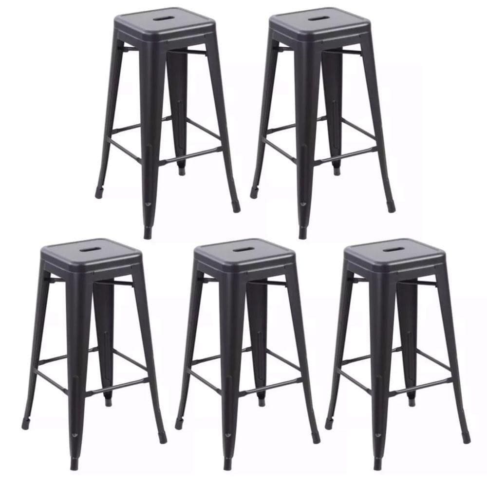 Kit Com 5 Banqueta Tolix Iron Design Industrial Preto 76 Cm Aço Cozinha Bar Bistrô Bancada