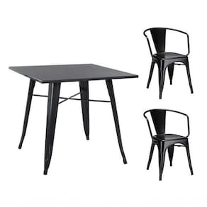 Mesa Tolix 80cm + 2 Cadeiras Com Braço Conjunto Industrial Preto Para Bar Ou Café