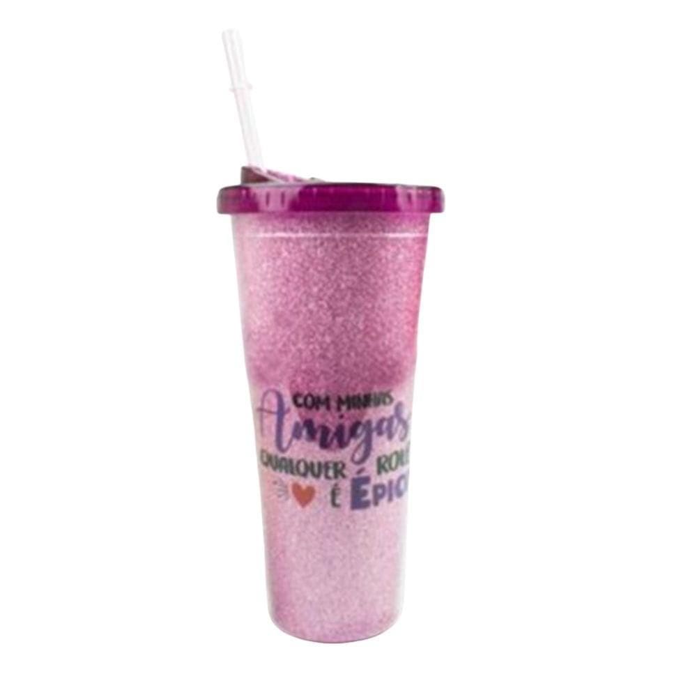 Copo Canudo Com Glitter Amigas Rosa 650Ml