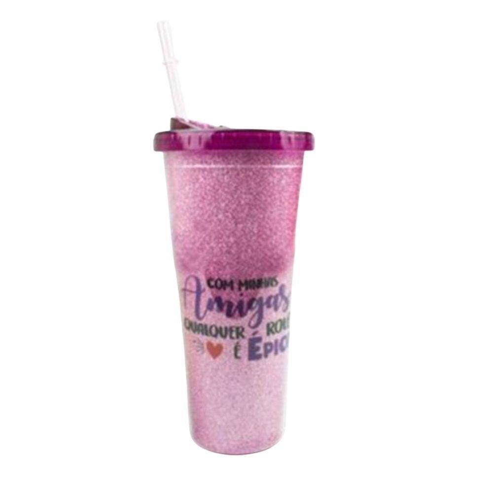 Copo Canudo Com Glitter Amigas Rosa 650Ml
