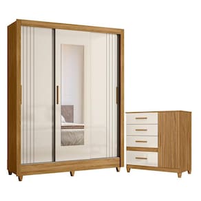 Guarda Roupa Casal Bolívia e Cômoda Vênus com Pés Freijó Off White - Moval