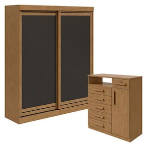 Guarda Roupa Solteiro Lani e Cômoda Da Vinci Amêndoa Clean Preto Flex - Lopas