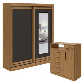 Guarda Roupa Solteiro Lani com Espelho e Cômoda Da Vinci Amêndoa Clean Preto Flex - Lopas