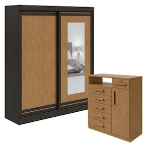 Guarda Roupa Solteiro Lani com Espelho e Cômoda Da Vinci Preto Amêndoa Clean Flex - Lopas