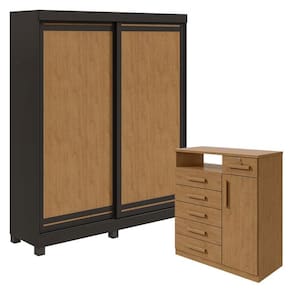 Guarda Roupa Solteiro Lani com Pés e Cômoda Da Vinci Preto Amêndoa Clean Flex - Lopas