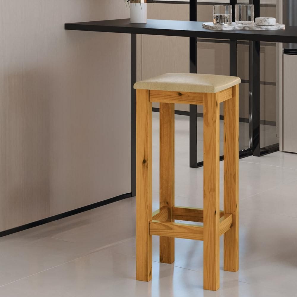 Banqueta De Madeira Maciça Alta Assento Estofado Material Sintético Preto
