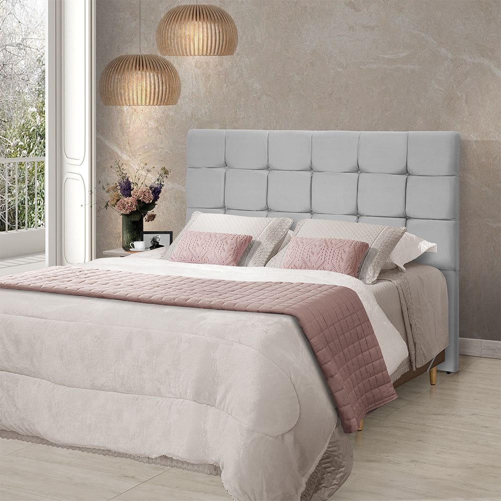 Cabeceira Cama Queen Estofada 1,60 - Maia Veludo Cinza Claro