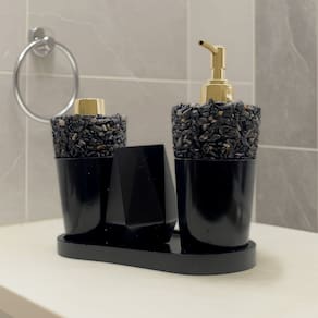 Kit Banheiro Lavabo Frascos de Pedras Naturais 220ml Decoração Super Luxo C/ Bandeja
