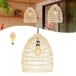 Pendente Rattan Em Fibra Natural Boho Varanda Fib02 + Led