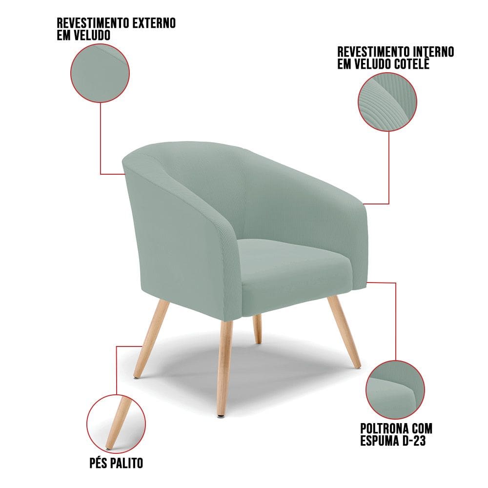 Poltrona Decorativa Pé Palito Natural Kit 2 Stella Cotelê Int/Veludo Menta D03 - D`Rossi