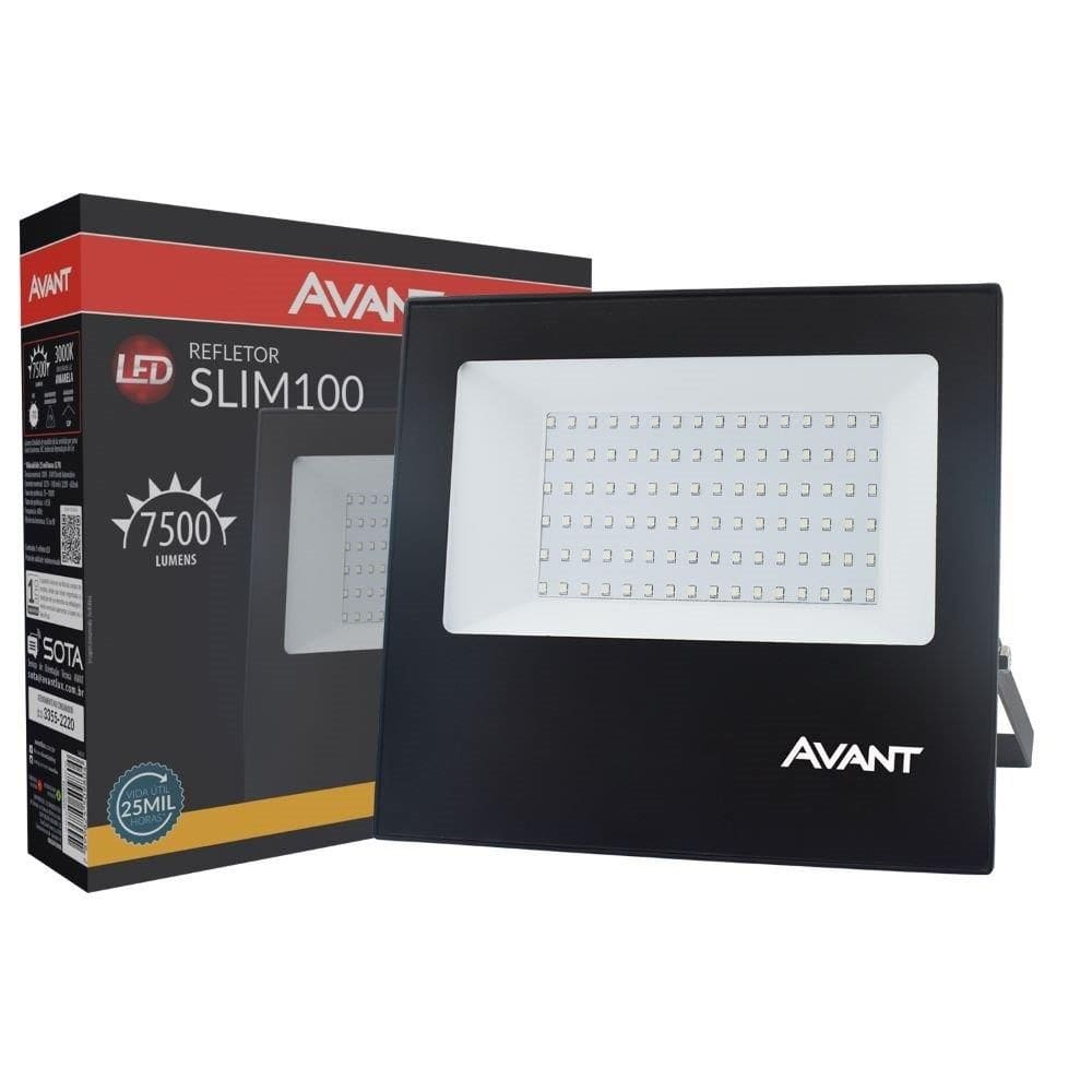 Refletor LED Avant Slim Amarelo 3000K 7500 Lúmens - 100W, Bivolt, Preto
