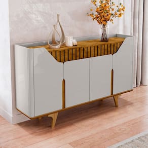 Balcão Buffet Emerald 4 Portas Ripado Off White/Naturallle - Pnr Móveis